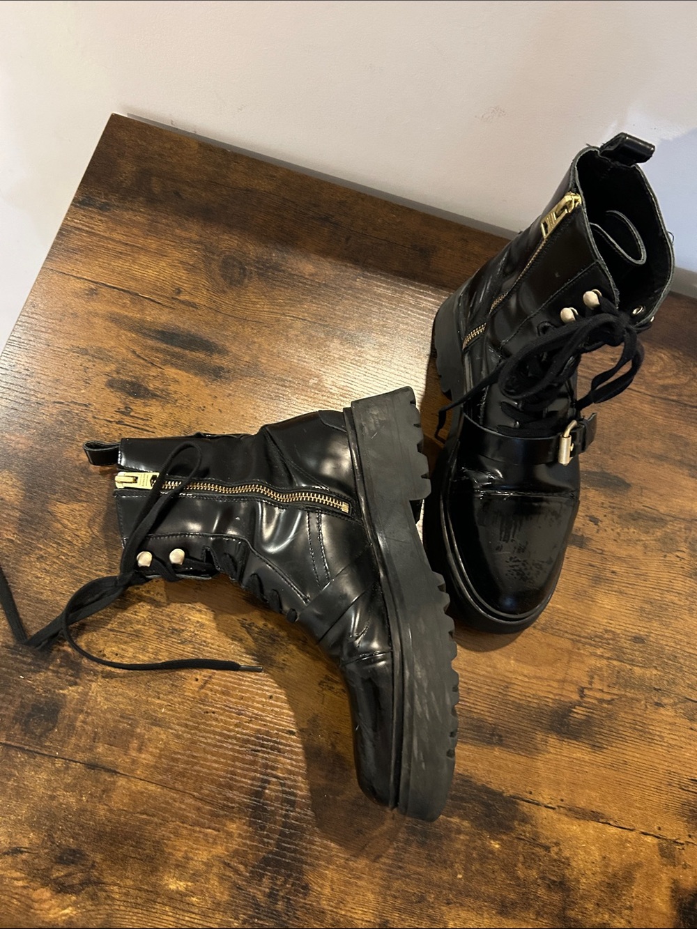 AllSaints Black Patent Lace-Up Combat Boots with Gold Buckles - Picture 2 of 8
